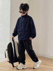 SHEIN Kids Tween Boy Versatile Solid Navy Blue Open Front Long Sleeve Utility Jacket, Suitable For Commuting, School, Daily Casual, Vacation, Travel, Sports, Autumn/Winter - Navy Blue - View 7
