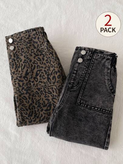 Setelan Jeans Denim Kaki Lebar Musim Gugur untuk Anak Perempuan, 2 Potong, Tersedia Dua Versi Motif Leopard dan Hitam Pudar, Pinggang Tinggi dengan Kancing Ganda dan Kantong Besar, Potongan Longgar Vintage, Pakaian Denim Kasual untuk Sehari-hari, Potongan Longgar yang Menawan untuk Dipakai Sepanjang Tahun