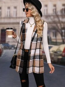 Penseblé Plaid Lapel Neck Vest Coat - Coffee Brown - View 6