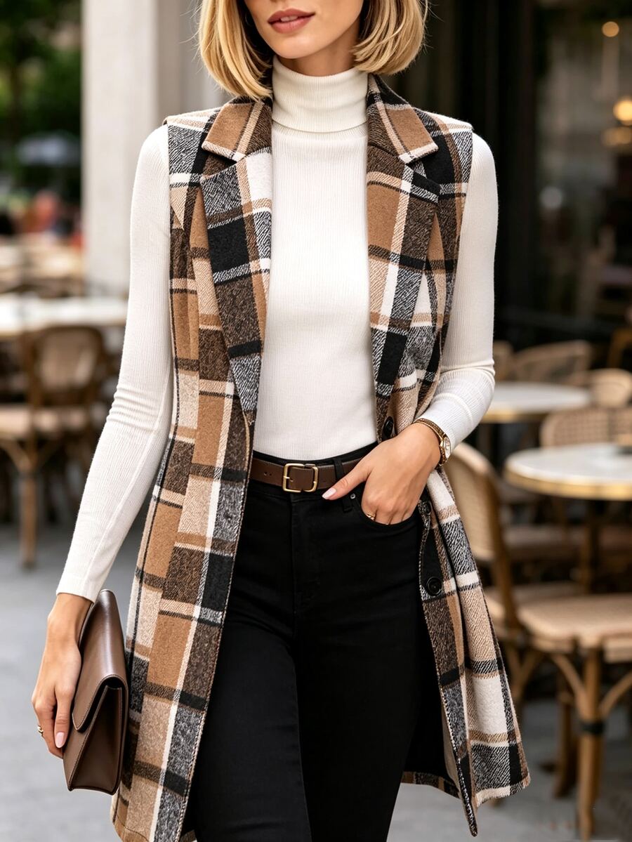 Penseblé Plaid Lapel Neck Vest Coat - Coffee Brown - View 1