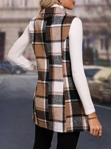 Penseblé Plaid Lapel Neck Vest Coat - Coffee Brown - View 2