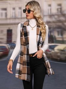 Penseblé Plaid Lapel Neck Vest Coat - Coffee Brown - View 5
