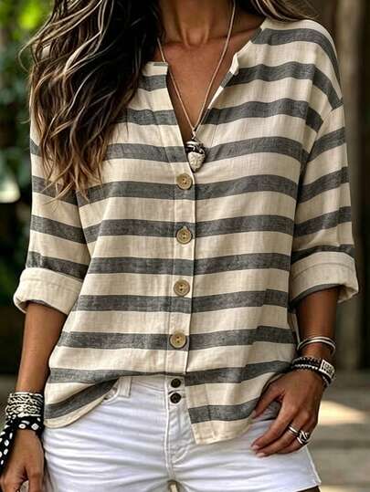 Linhara CURVE Camisa casual de rayas y bloques de color para mujer de talla grande, para primavera y otoño, para uso diario