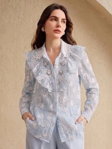 Anewsta Spring/Summer New Arrival Light Pink Floral Embroidered Fabric Hollow-Out Jacquard Collar Rhinestone Decor Ruffled Hem Long Sleeve Blouse For Women - Baby Blue - View 6