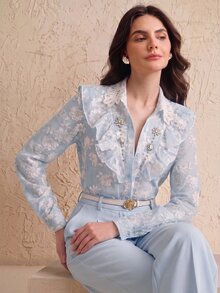 Anewsta Spring/Summer New Arrival Light Pink Floral Embroidered Fabric Hollow-Out Jacquard Collar Rhinestone Decor Ruffled Hem Long Sleeve Blouse For Women - Baby Blue - View 1