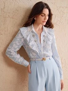 Anewsta Spring/Summer New Arrival Light Pink Floral Embroidered Fabric Hollow-Out Jacquard Collar Rhinestone Decor Ruffled Hem Long Sleeve Blouse For Women - Baby Blue - View 3