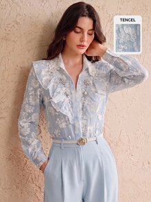 Anewsta Spring/Summer New Arrival Light Pink Floral Embroidered Fabric Hollow-Out Jacquard Collar Rhinestone Decor Ruffled Hem Long Sleeve Blouse For Women - Baby Blue - View 4