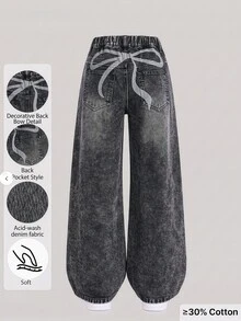 SHEIN 青少年女孩灰色水洗復古可愛街頭風寬鬆寬腿牛仔褲，附口袋，後方蝴蝶結印花設計，適合假期夏季 - 黑色 - 查看 3