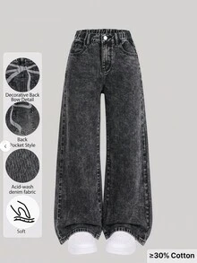 SHEIN 青少年女孩灰色水洗復古可愛街頭風寬鬆寬腿牛仔褲，附口袋，後方蝴蝶結印花設計，適合假期夏季 - 黑色 - 查看 2