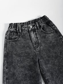SHEIN 青少年女孩灰色水洗復古可愛街頭風寬鬆寬腿牛仔褲，附口袋，後方蝴蝶結印花設計，適合假期夏季 - 黑色 - 查看 9