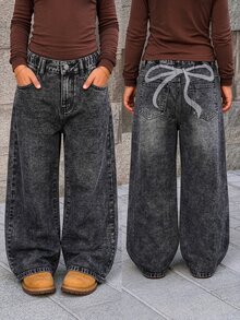 SHEIN 青少年女孩灰色水洗復古可愛街頭風寬鬆寬腿牛仔褲，附口袋，後方蝴蝶結印花設計，適合假期夏季 - 黑色 - 查看 10
