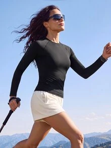 Exploreva Women's Simple Outdoor Solid Color Long Sleeve T-Shirt Sports Fitness - Black - View 5