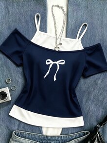 SHEIN Tween Girls Fall Tops Navy Blue Bow Print 2 In 1 Cold Shoulder Short Sleeve T-Shirt - Multicolor - View 1