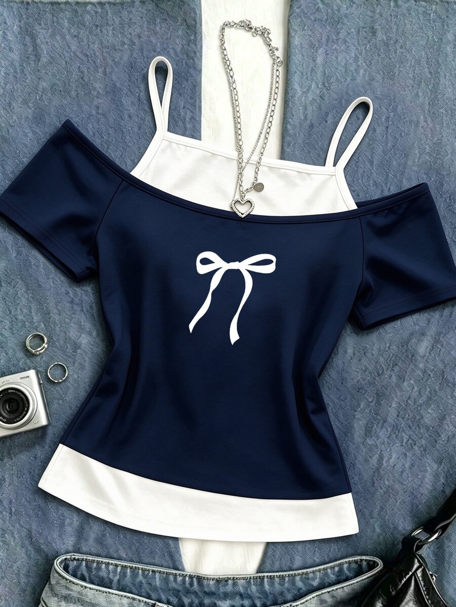 SHEIN Tween Girls Fall Tops Navy Blue Bow Print 2 In 1 Cold Shoulder Short Sleeve T-Shirt - Multicolor - View 1