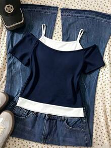 SHEIN Tween Girls Fall Tops Navy Blue Bow Print 2 In 1 Cold Shoulder Short Sleeve T-Shirt - Multicolor - View 2