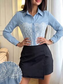 Modelyn 淺藍色花卉蕾絲拼接襯衫領長袖修身女款優雅浪漫襯衫 教師節 辦公室 早午餐 秋季 - 藍色 - 查看 6