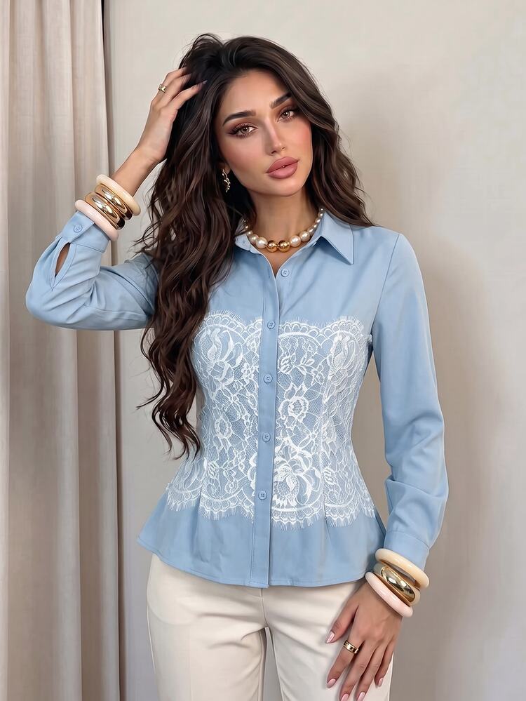 Modelyn Light Blue Floral Lace Patchwork Shirt Collar Long Sleeve Slim Fit Women's Elegant Romantic Blouse Teachers' Day Office Brunch Autumn - Blue - View 1