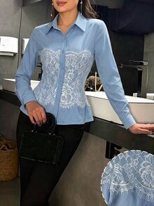 Modelyn 淺藍色花卉蕾絲拼接襯衫領長袖修身女款優雅浪漫襯衫 教師節 辦公室 早午餐 秋季 - 藍色 - 查看 5