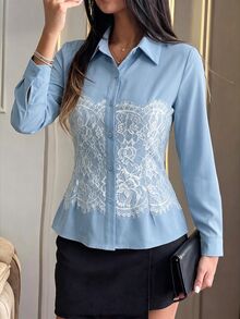 Modelyn 淺藍色花卉蕾絲拼接襯衫領長袖修身女款優雅浪漫襯衫 教師節 辦公室 早午餐 秋季 - 藍色 - 查看 3
