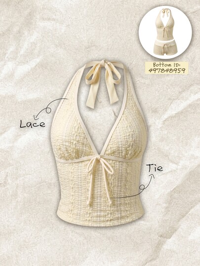 SHEIN Swim 女款春夏隨機印花細肩帶蝴蝶結比基尼上衣背心