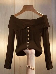 Franclia 女士纯色杏色针织弹力修身罗纹高领蝴蝶结纽扣装饰长袖露肩T恤，休闲法式优雅杏色上衣，秋冬季百搭日常穿着 - 棕色 - 查看 1