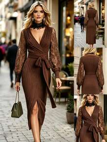 Balvessa فستان نسائي كاجوال للحفلات بطول متوسط مع فتحة رقبة عميقة على شكل حرف V من الدانتيل - بني - مشاهدة 3