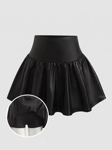 SHEIN 青少年女孩寬腰帶荷葉邊黑色迷你PU短裙休閒款，開學季日常穿搭 - 黑色 - 查看 2