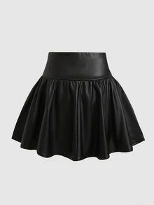 SHEIN 青少年女孩寬腰帶荷葉邊黑色迷你PU短裙休閒款，開學季日常穿搭 - 黑色 - 查看 4