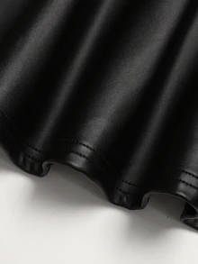 SHEIN 青少年女孩寬腰帶荷葉邊黑色迷你PU短裙休閒款，開學季日常穿搭 - 黑色 - 查看 5