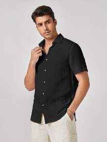 GETOML Men's Casual Solid Color Textured Short Sleeve Shirt,Summer Front Button Black Shirt,Vacation,Father's Day Gifts - Black - View 4