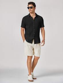 GETOML Men's Casual Solid Color Textured Short Sleeve Shirt,Summer Front Button Black Shirt,Vacation,Father's Day Gifts - Black - View 5