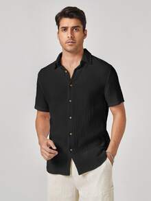 GETOML Men's Casual Solid Color Textured Short Sleeve Shirt,Summer Front Button Black Shirt,Vacation,Father's Day Gifts - Black - View 3