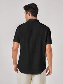 GETOML Men's Casual Solid Color Textured Short Sleeve Shirt,Summer Front Button Black Shirt,Vacation,Father's Day Gifts - Black - View 2