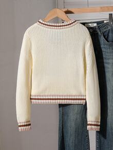 Tween Girl Colorblock Trim Long Sleeve Sweater - Apricot - View 2