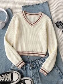 Tween Girl Colorblock Trim Long Sleeve Sweater - Apricot - View 3