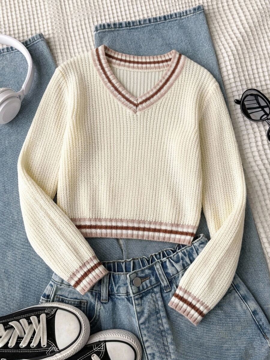 Tween Girl Colorblock Trim Long Sleeve Sweater - Apricot - View 1