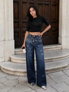 Anewsta Tall 女款時尚休閒通勤磨損水洗藍色寬鬆寬腿牛仔褲，適合高個女性 - 藍色 - 查看 7