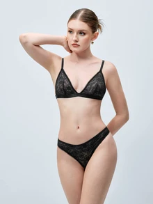 Softvol Romantic Series Lace Wire-Free Thong Lingerie Set 2pcs - Black - View 3