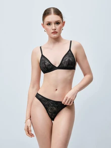 Softvol Romantic Series Lace Wire-Free Thong Lingerie Set 2pcs - Black - View 4