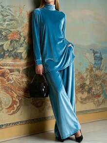 Balvessa Women's Comfortable Velvet Top And Pants 2 Pieces Set - Cadet Blue - View 7