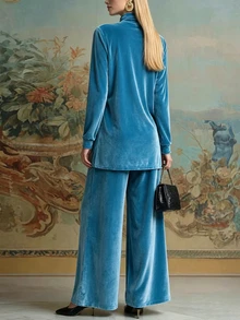 Balvessa Women's Comfortable Velvet Top And Pants 2 Pieces Set - Cadet Blue - View 2