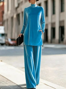 Balvessa Women's Comfortable Velvet Top And Pants 2 Pieces Set - Cadet Blue - View 5