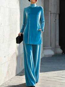 Balvessa Women's Comfortable Velvet Top And Pants 2 Pieces Set - Cadet Blue - View 3