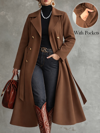 Elenzga Plus Size Women's Autumn/Winter Long Sleeve Pocket Cinched Waist Tie Brown Long Trench Coat, Versatile For Travel, Commuting, Outings And Home Wear