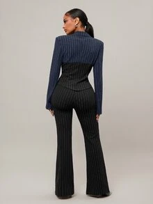 Radiana 女士优雅性感蓝黑条纹撞色西装套装，修身西装外套+低腰V领喇叭裤两件套，时尚休闲商务装，通勤装，职业装，适合日常出行、约会、派对和正式场合。 - 彩色 - 查看 2