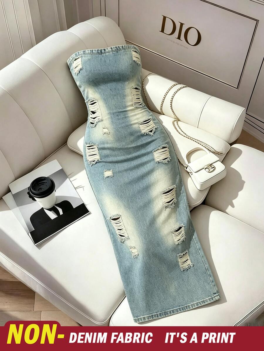 Resyla [Denim Effect] Women's Denim Effect Fitted Bandeau Dress - Multicolor - View 1