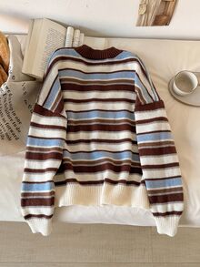 Story & Sage Vintage Brown & Blue Striped Drop Shoulder Crew Neck Sweater Casual Striped Knit Top For Women Fall/Winter Casual Daily Going Out Knit Top For Women - Multicolor - View 2