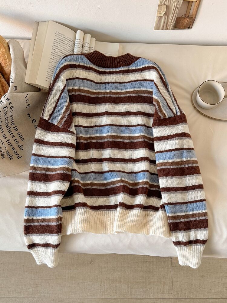 Story & Sage Vintage Brown & Blue Striped Drop Shoulder Crew Neck Sweater Casual Striped Knit Top For Women Fall/Winter Casual Daily Going Out Knit Top For Women - Multicolor - View 2