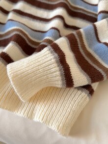 Story & Sage Vintage Brown & Blue Striped Drop Shoulder Crew Neck Sweater Casual Striped Knit Top For Women Fall/Winter Casual Daily Going Out Knit Top For Women - Multicolor - View 5