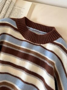 Story & Sage Vintage Brown & Blue Striped Drop Shoulder Crew Neck Sweater Casual Striped Knit Top For Women Fall/Winter Casual Daily Going Out Knit Top For Women - Multicolor - View 4